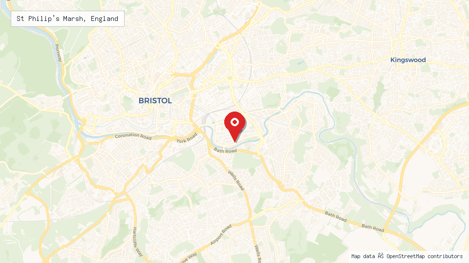 Street map of St Philip's Marsh, England with location pin