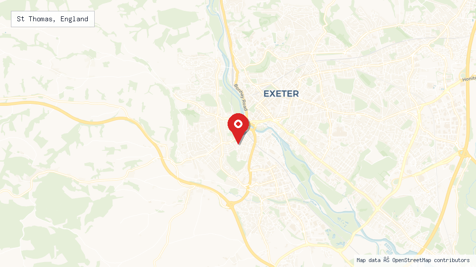 Street map of St Thomas, England with location pin