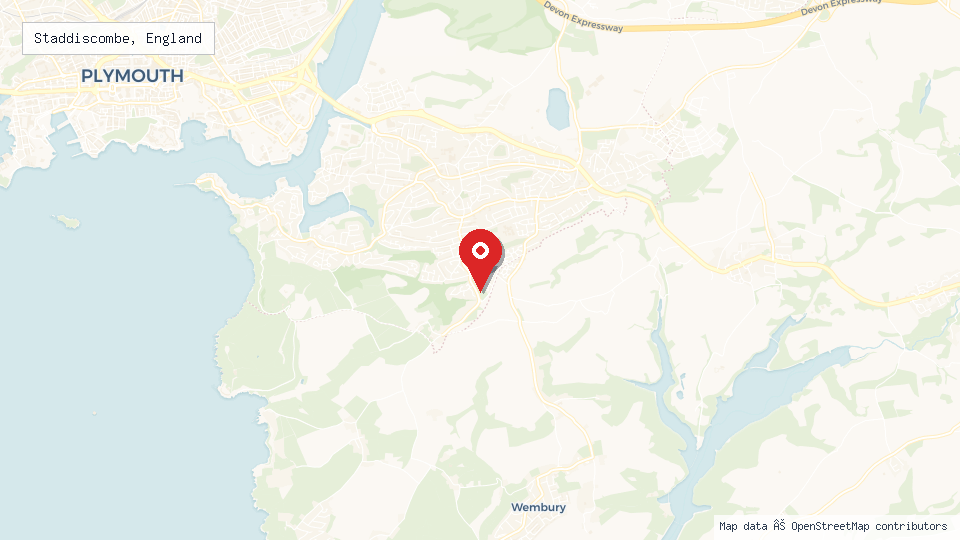 Street map of Staddiscombe, England with location pin