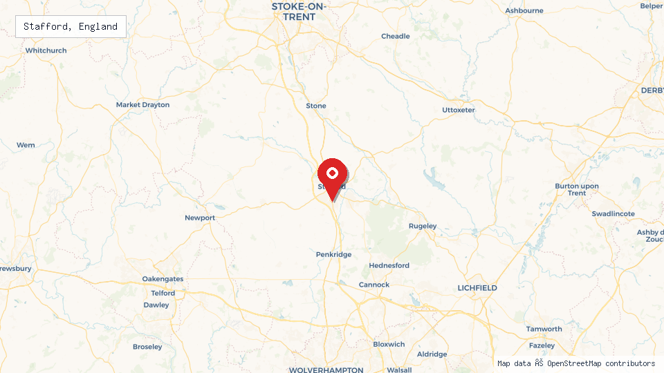 Street map of Stafford, England with location pin