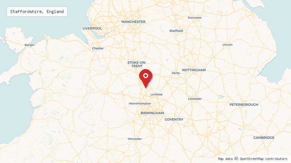 Street map of Staffordshire, England with location pin