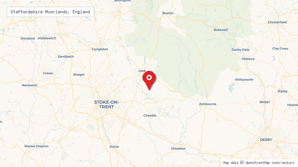 Street map of Staffordshire Moorlands, England with location pin