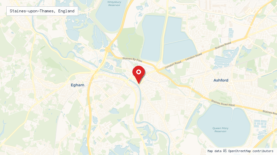 Street map of Staines-upon-Thames, England with location pin