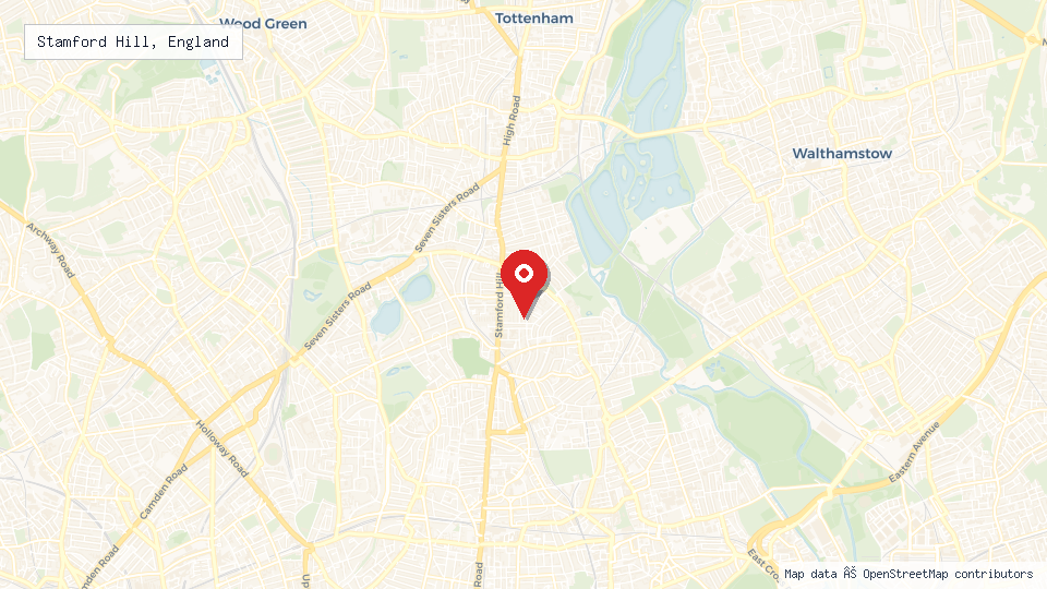 Street map of Stamford Hill, England with location pin