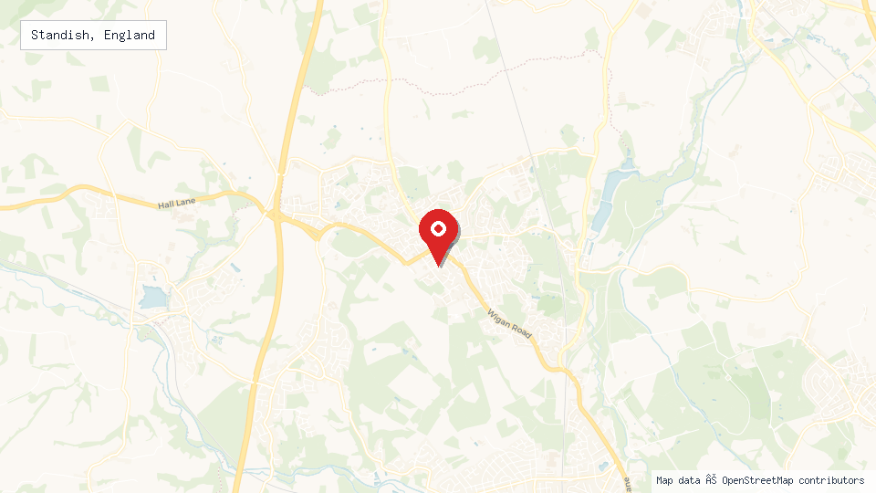 Street map of Standish, England with location pin