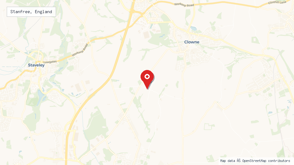 Street map of Stanfree, England with location pin