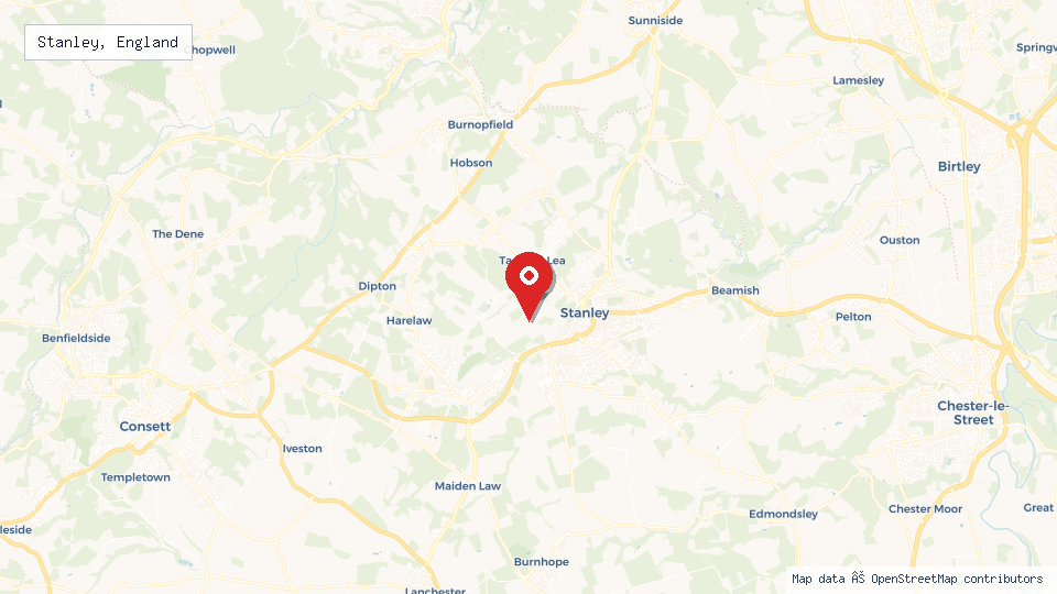 Street map of Stanley, England with location pin