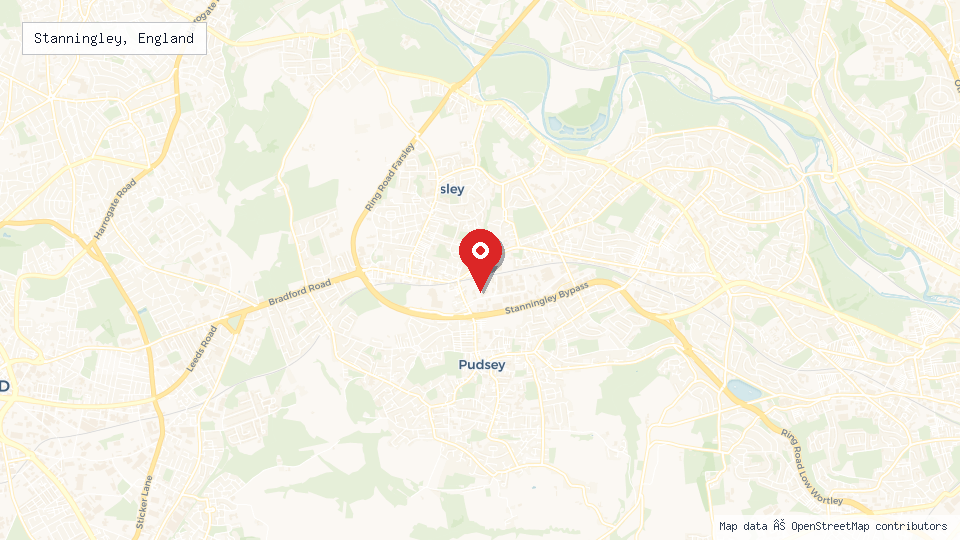 Street map of Stanningley, England with location pin