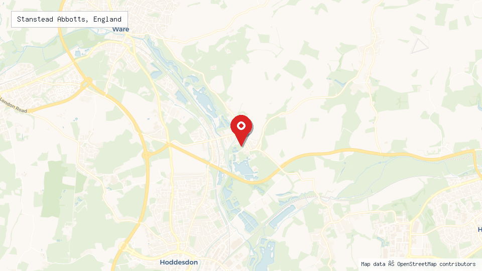 Street map of Stanstead Abbotts, England with location pin