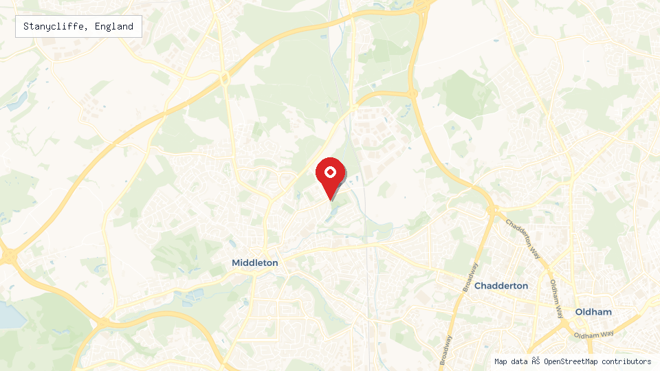 Street map of Stanycliffe, England with location pin
