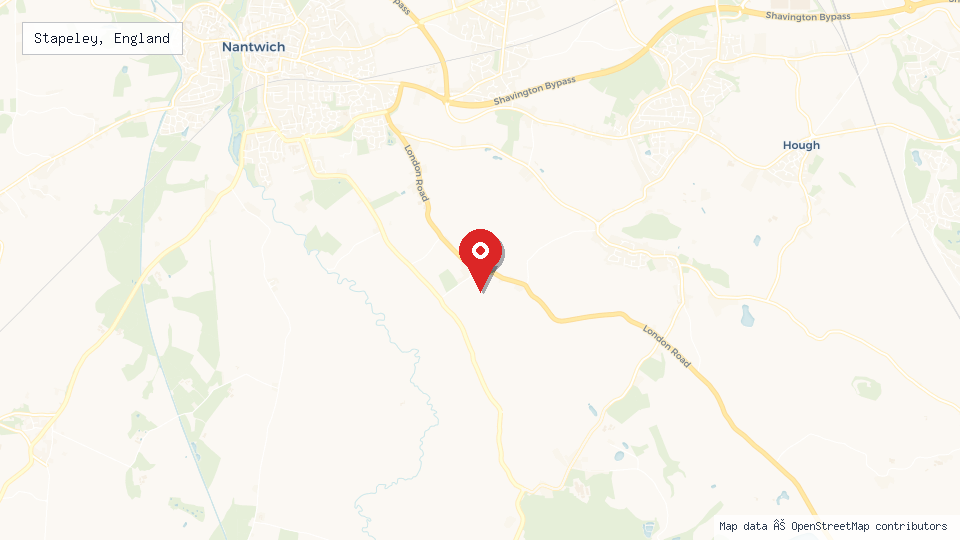 Street map of Stapeley, England with location pin