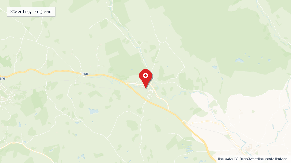 Street map of Staveley, England with location pin