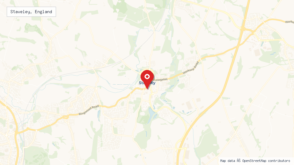 Street map of Staveley, England with location pin