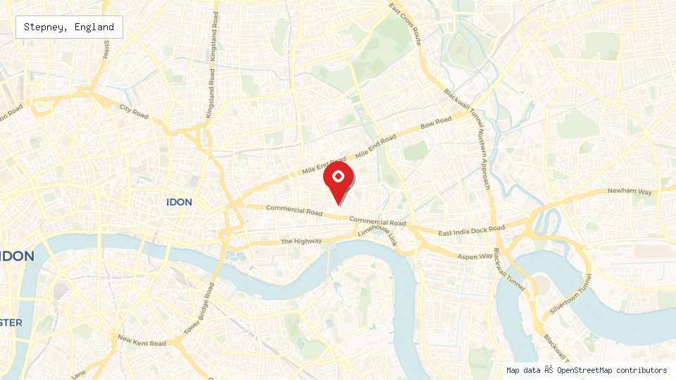 Street map of Stepney, England with location pin
