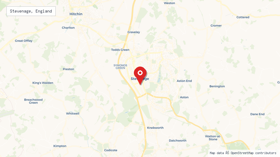 Street map of Stevenage, England with location pin