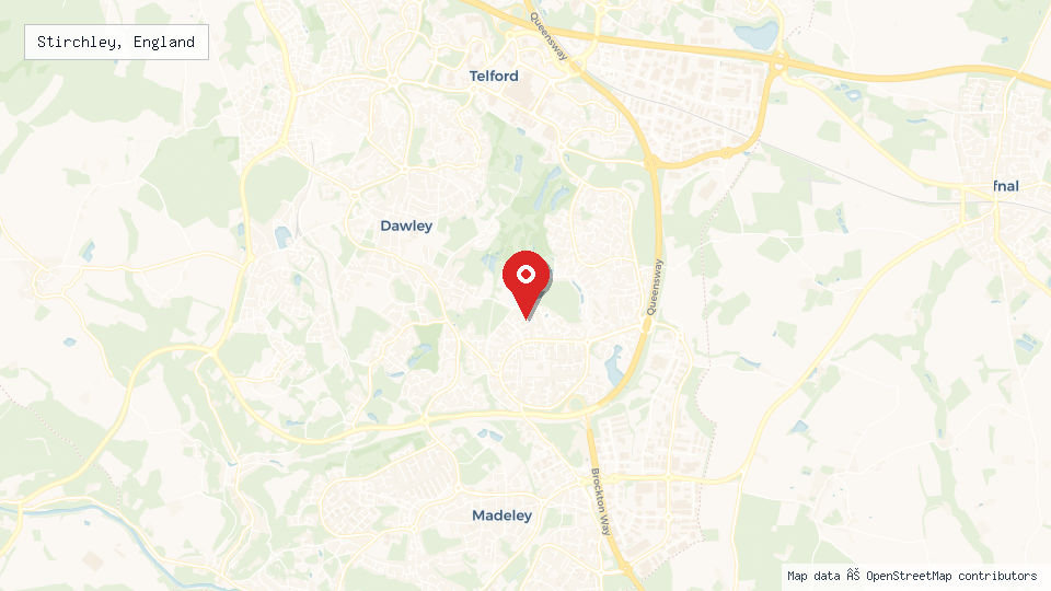 Street map of Stirchley, England with location pin