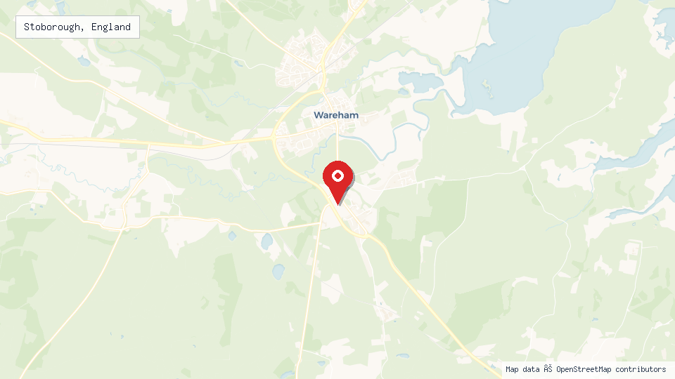 Street map of Stoborough, England with location pin