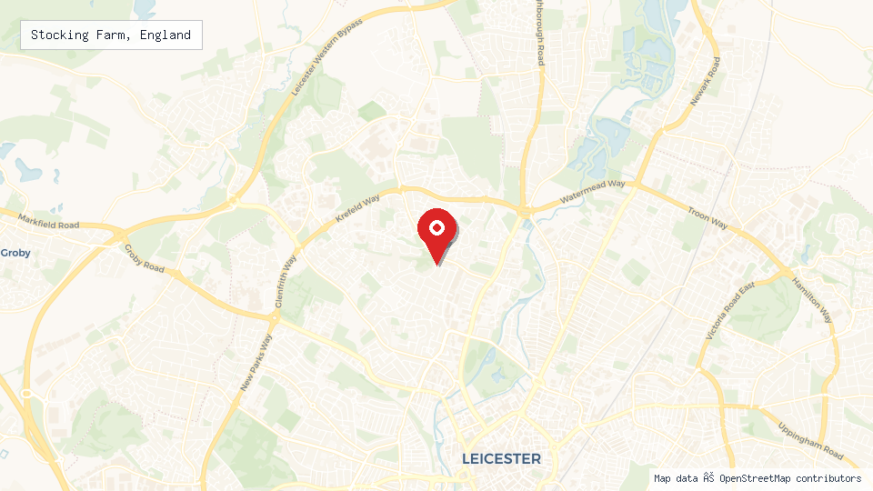 Street map of Stocking Farm, England with location pin