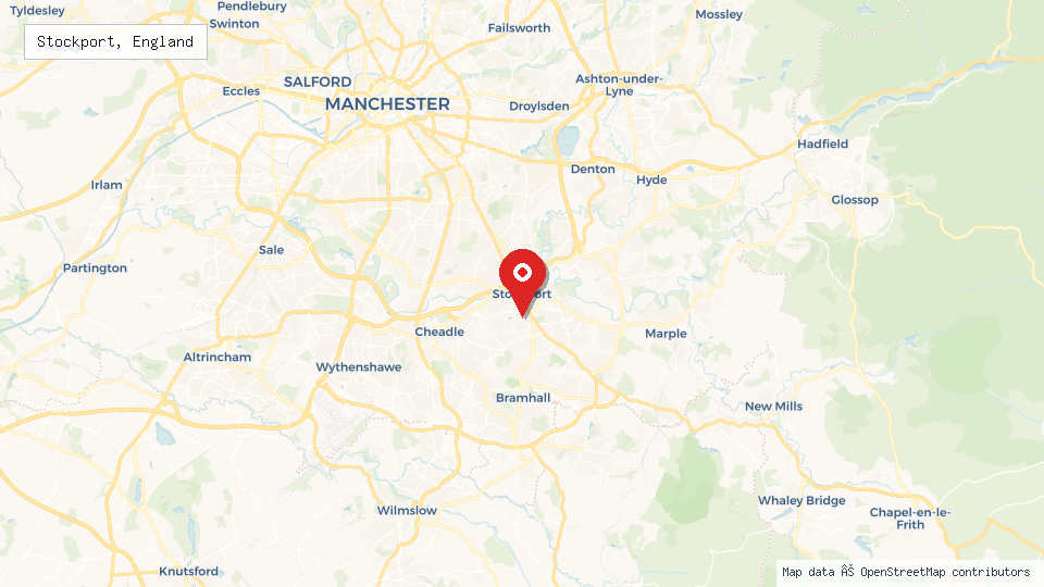 Street map of Stockport, England with location pin