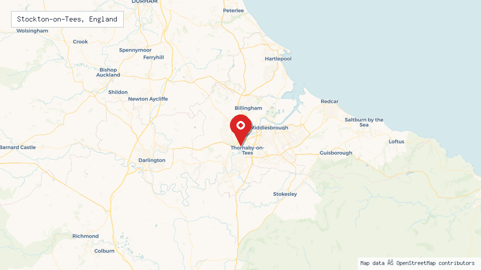 Street map of Stockton-on-Tees, England with location pin