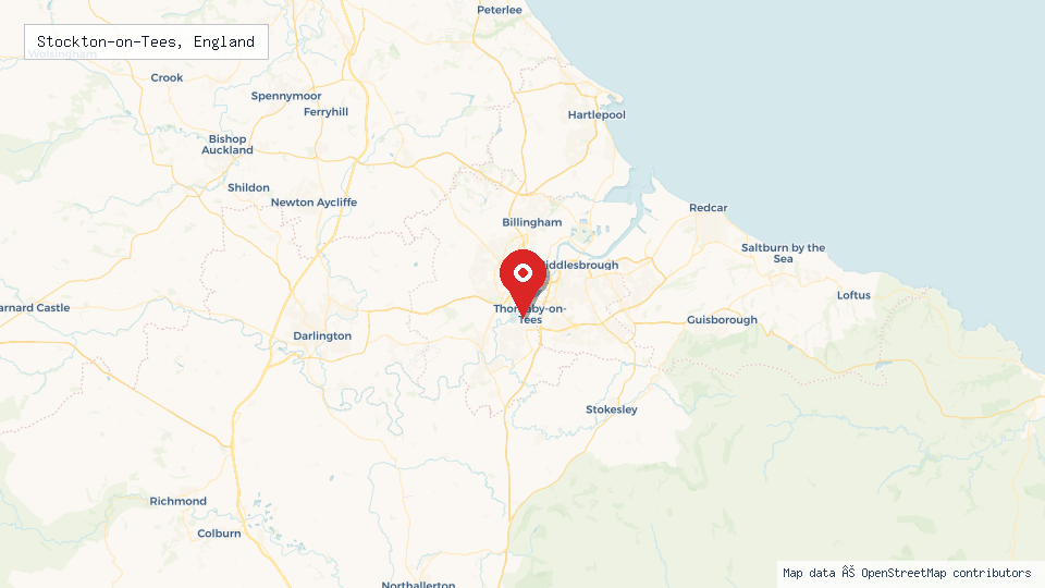 Street map of Stockton-on-Tees, England with location pin