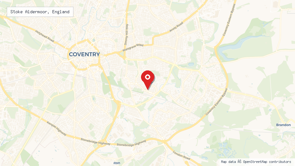 Street map of Stoke Aldermoor, England with location pin