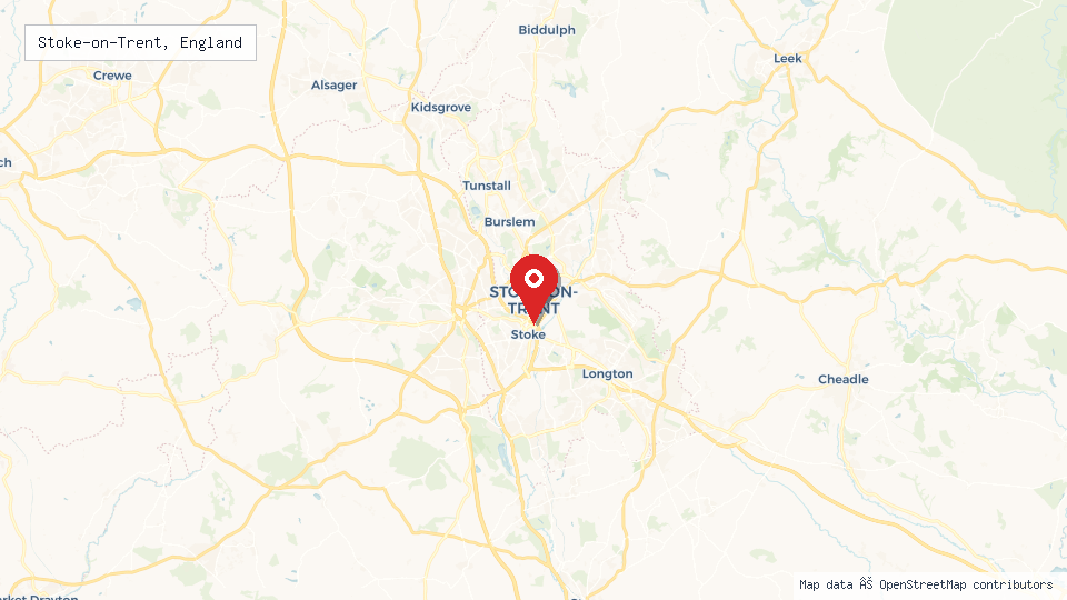 Street map of Stoke-on-Trent, England with location pin