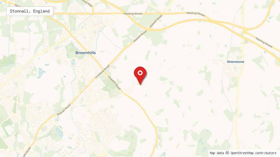 Street map of Stonnall, England with location pin