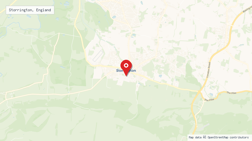 Street map of Storrington, England with location pin