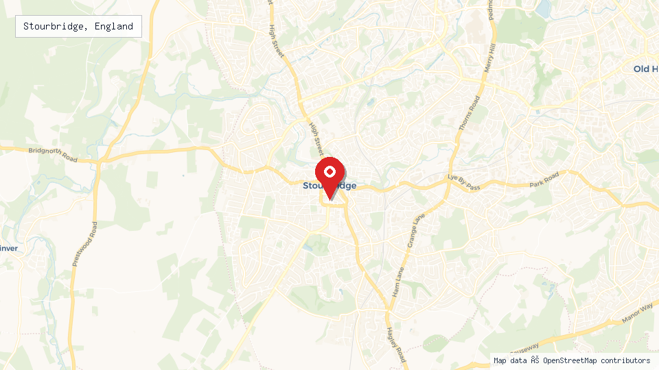Street map of Stourbridge, England with location pin