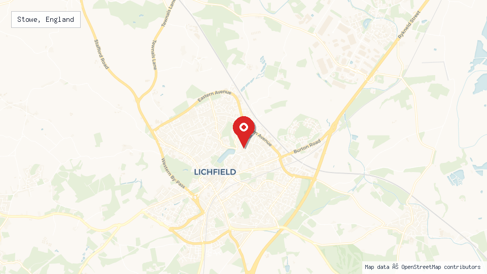 Street map of Stowe, England with location pin