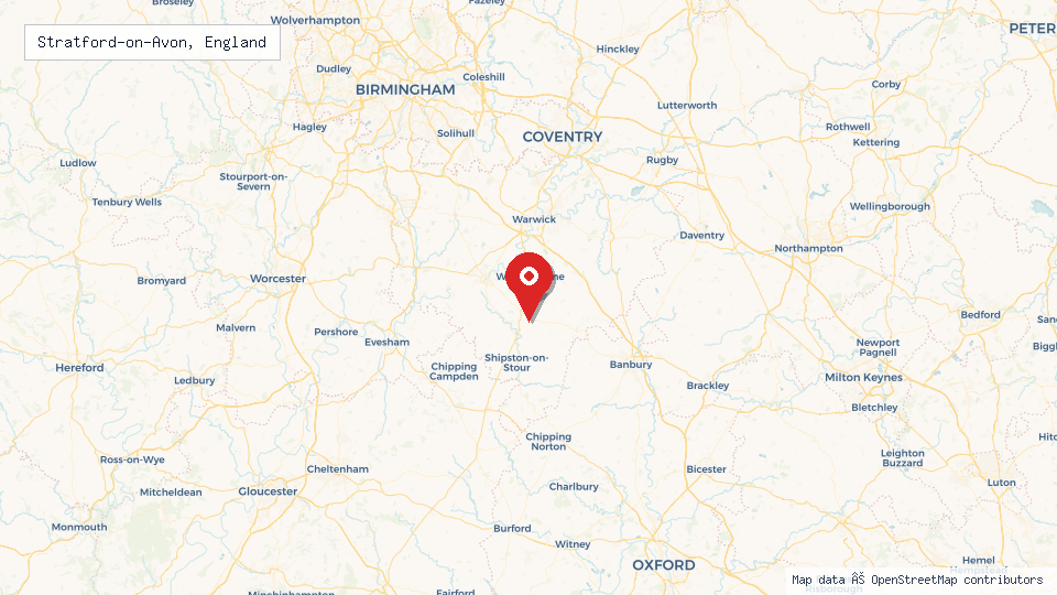 Street map of Stratford-on-Avon, England with location pin