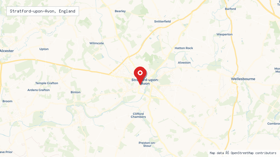 Street map of Stratford-upon-Avon, England with location pin
