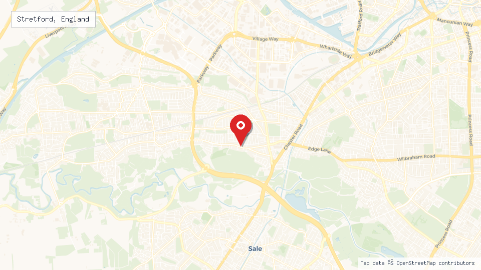 Street map of Stretford, England with location pin