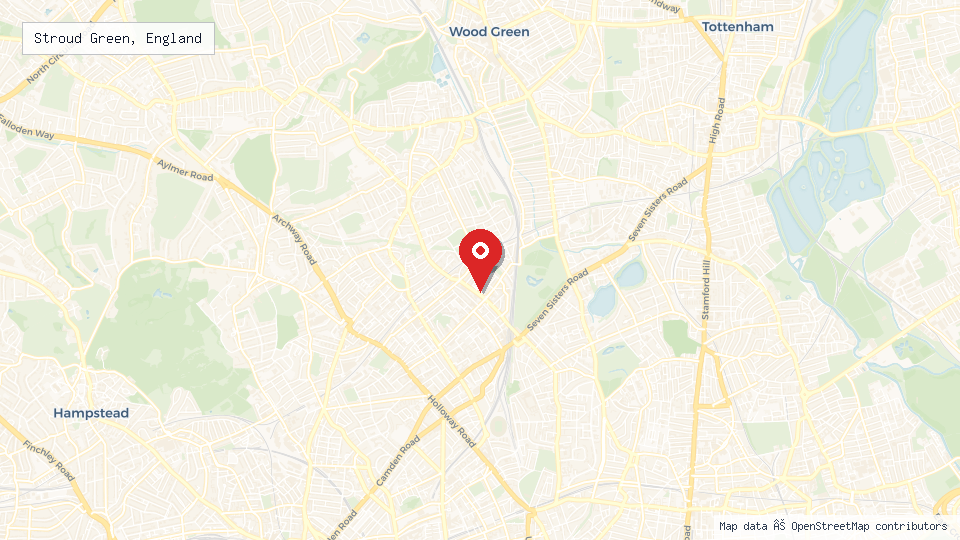 Street map of Stroud Green, England with location pin