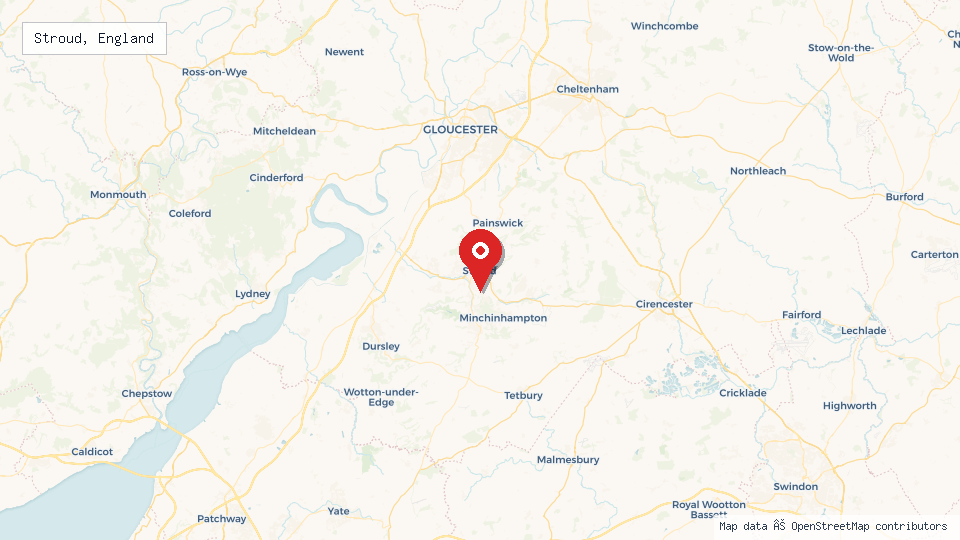 Street map of Stroud, England with location pin