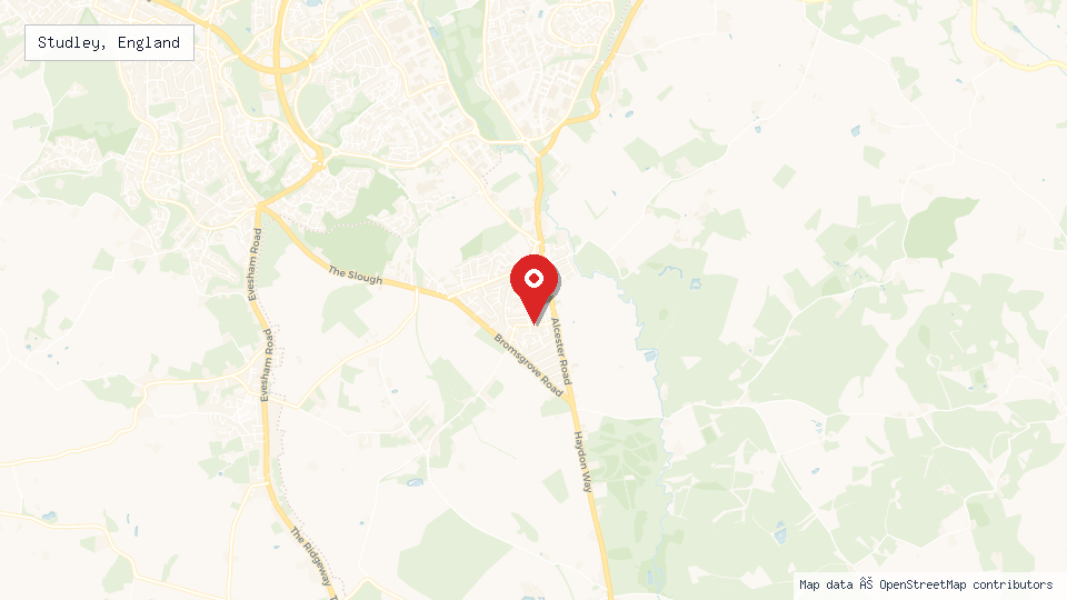 Street map of Studley, England with location pin