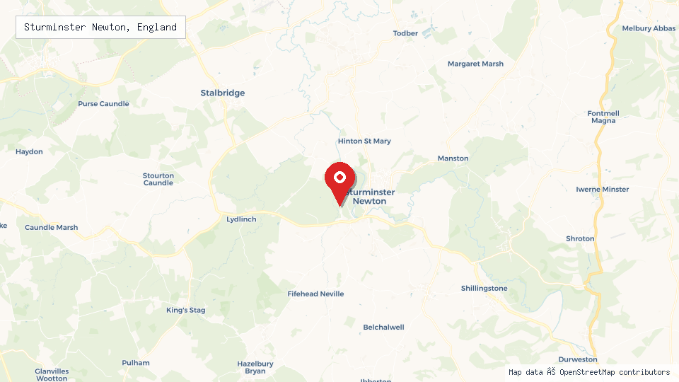 Street map of Sturminster Newton, England with location pin