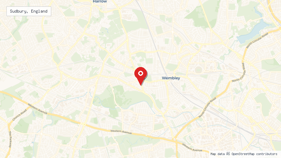Street map of Sudbury, England with location pin