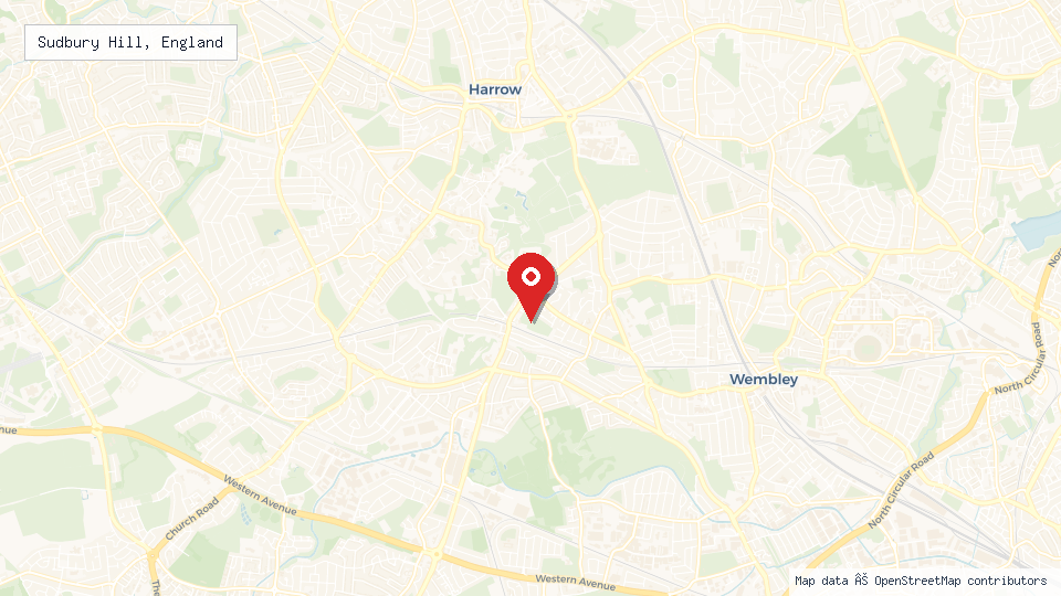 Street map of Sudbury Hill, England with location pin