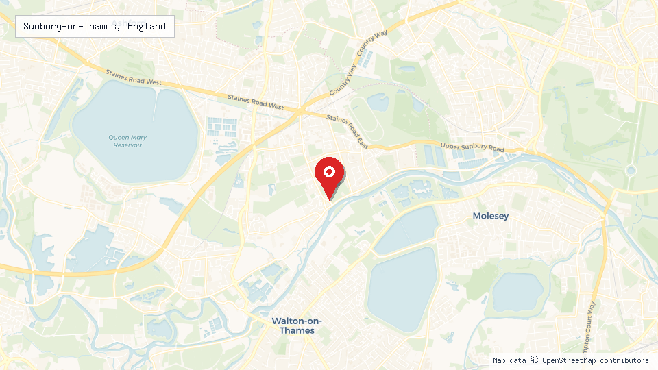 Street map of Sunbury-on-Thames, England with location pin