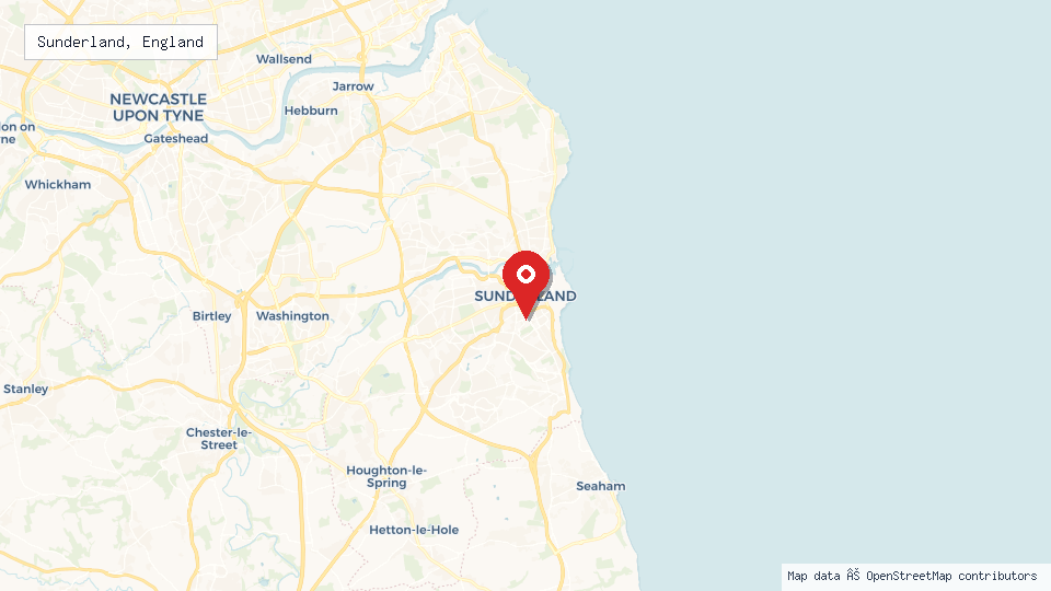 Street map of Sunderland, England with location pin