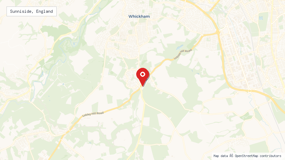 Street map of Sunniside, England with location pin