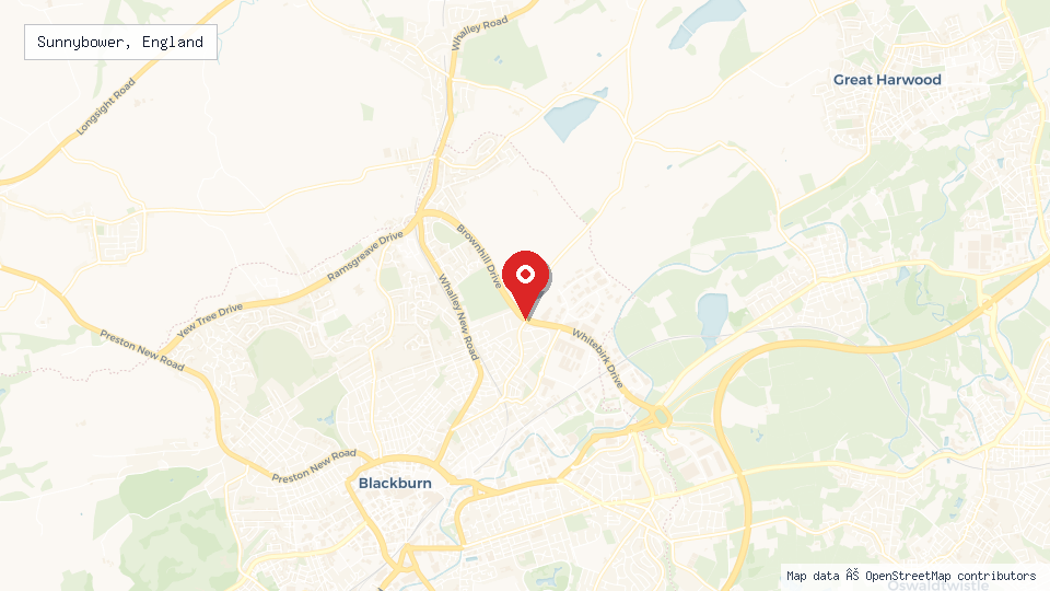 Street map of Sunnybower, England with location pin