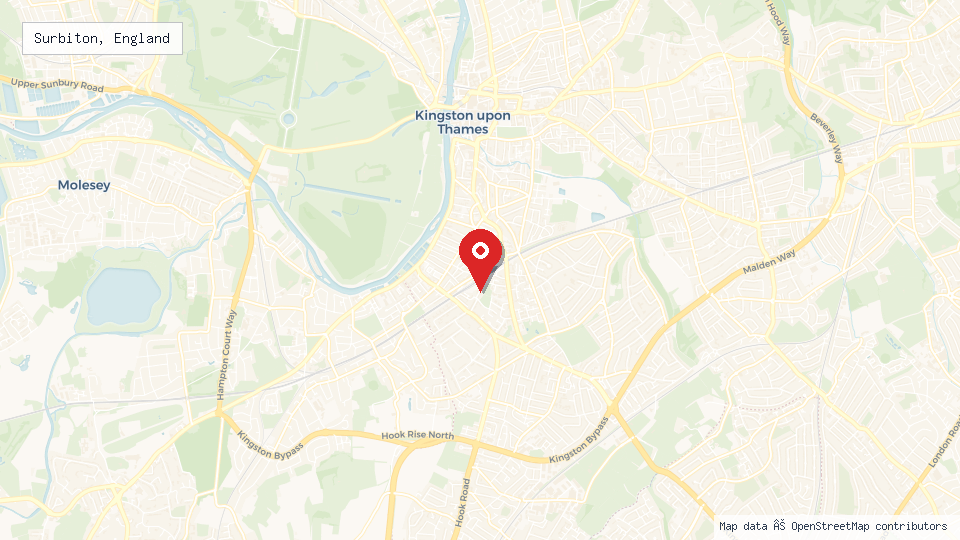 Street map of Surbiton, England with location pin
