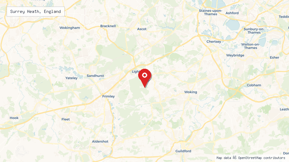 Street map of Surrey Heath, England with location pin