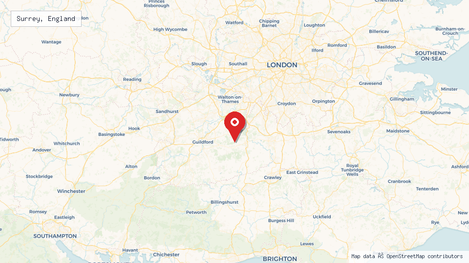 Street map of Surrey, England with location pin