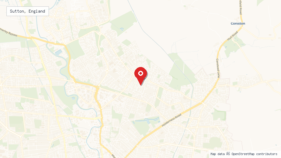 Street map of Sutton, England with location pin