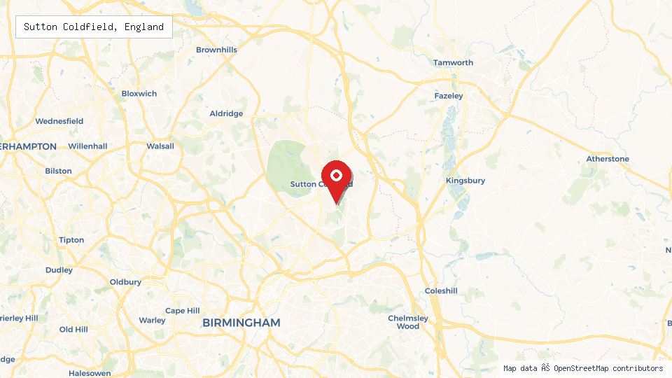 Street map of Sutton Coldfield, England with location pin