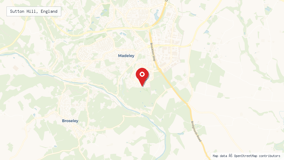 Street map of Sutton Hill, England with location pin